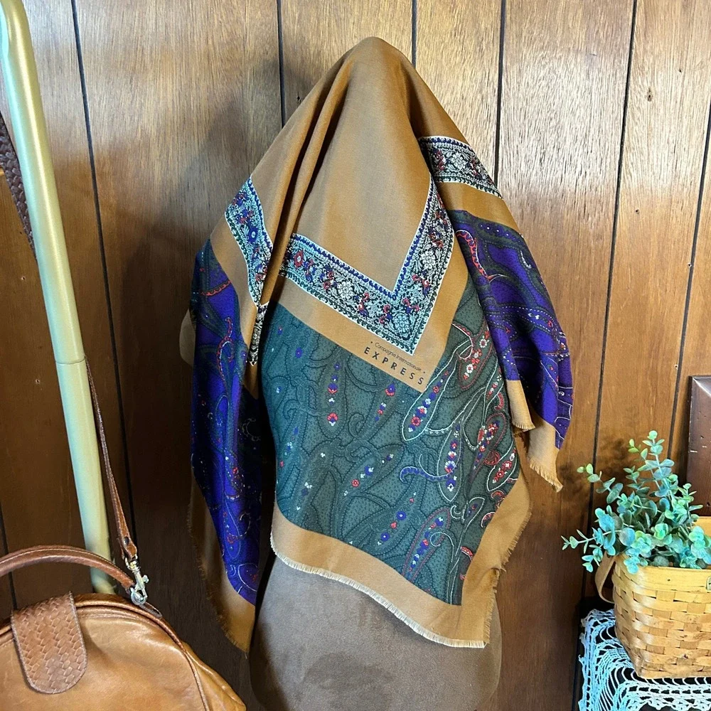 Vintage Express Square Scarf with Brown, Blue & Maroon Pattern‎
